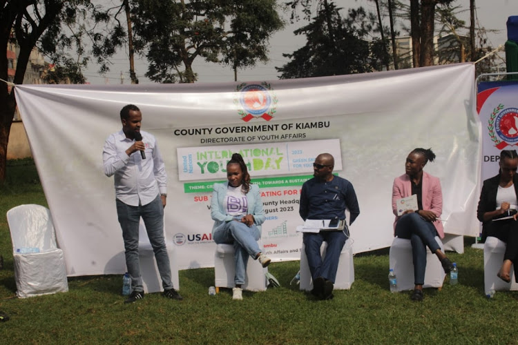 Youth executive Osman Korar during this year's International Youth Day celebrations at the county headquarters in Kiambu town