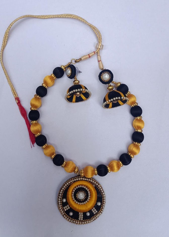 Yellow and Black Silk Thread Necklace with Earrings