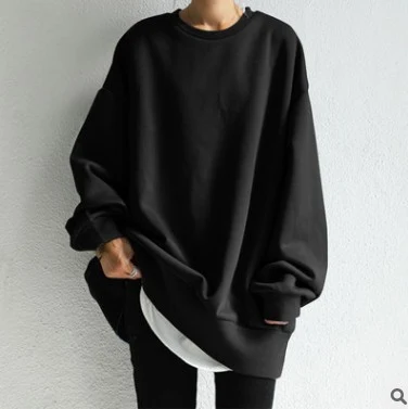 Herbst Und Winter Neue Stil Einfarbig Mid-länge Lose Rundhals Bluse Frauen