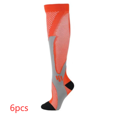 Meias esportivas longas e elásticas de compressão para melhor desempenho, suporte e recuperação muscular, ideais para esportes e treinos.
