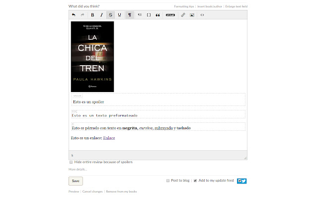 Editor avanzado para Goodreads