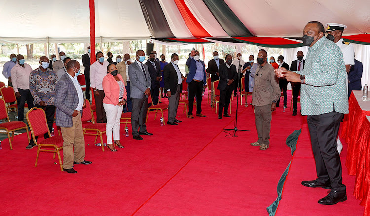 President Uhuru Kenyatta during a meeting with Kirinyaga County leaders at Sagana State Lodge in Nyeri County.