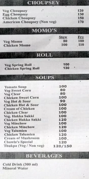 Chawla Fast Food menu 