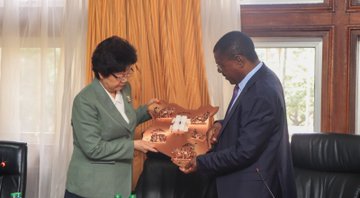 Chinese African Peoples Friendship Association President Li Bin with National Assembly Speaker Moses Wetang'ula after holding bilateral talks at Parliament buildings on May 19,2023.