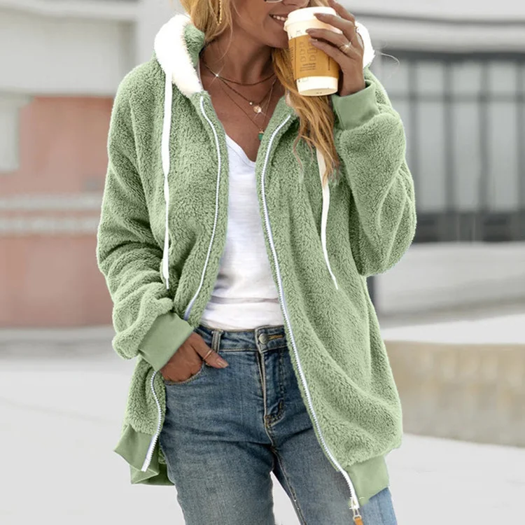 Chaqueta holgada con capucha y cremallera de felpa para mujer