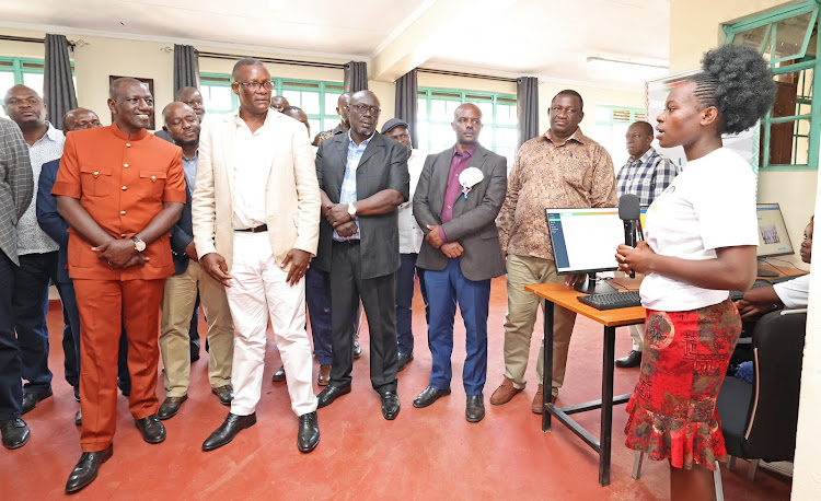 President William Ruto and ICT CS Eliud Owalo at URIRI Technical and Vocational College Konza Digital Skill Laboratory on October 8, 2023.