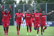 Orlando Pirates players celebrate their winning goal during the Absa Premiership 2018/19 game between Bidvest Wits and Orlando Pirates at Bidvest Stadium in Polokwane the on 06 April 2019.