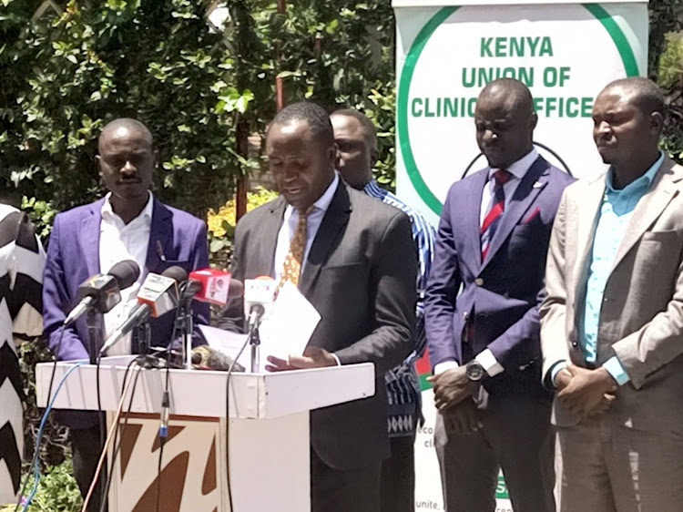 Health unions led by the Kenya Union of Clinical Officers secretary general George Gibore read their statement on February 14, 2023.