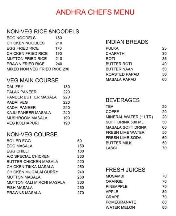 Andhra Chefs menu 