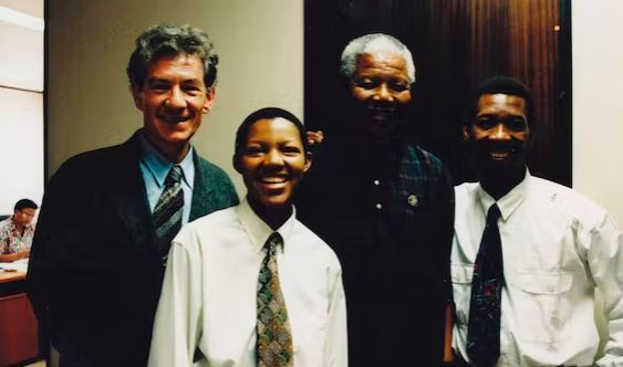 The president meets gay and lesbian activists, 1995. From left: actor Ian McKellen, activist Phumi Mtetwa, Nelson Mandela and Simon Nkoli.