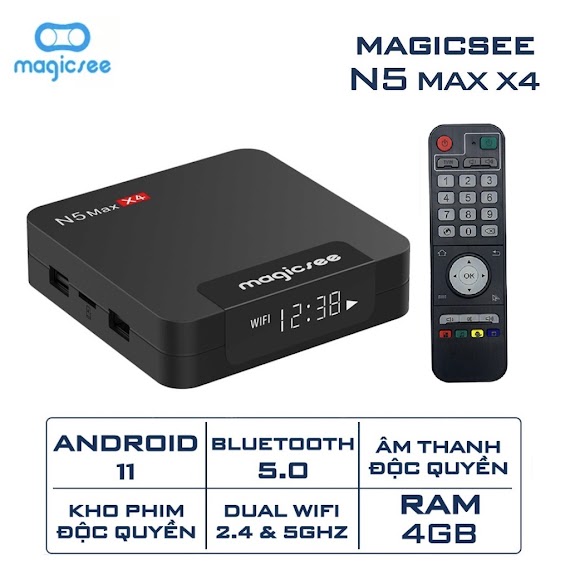 Android Tivi Box Magicsee N5 Max Chip S905X4, Android 11, Ram 4Gb, Rom 32Gb, Phiên Bản 2022, Có Bản Atv