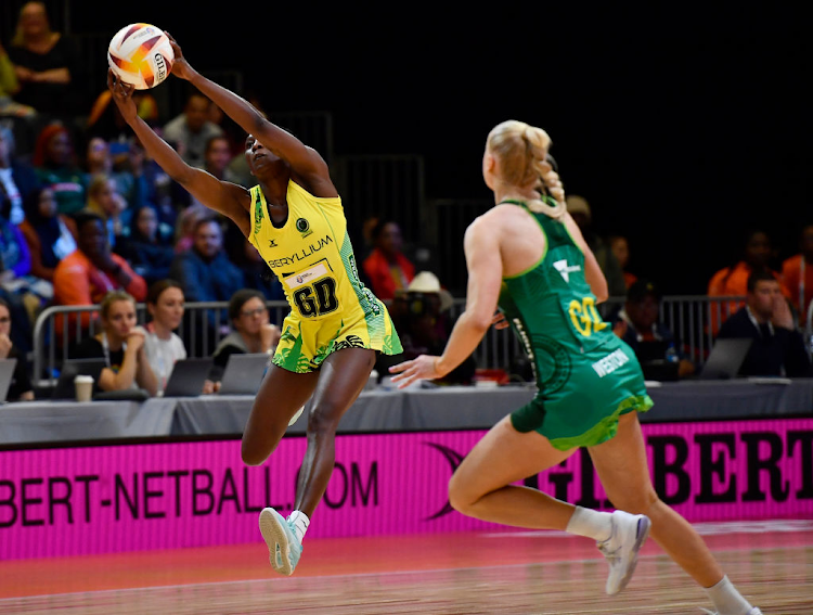 Jodi-Ann Ward of Jamaica in action during the 2023 Netball World Cup second semi final against Australia at Cape Town International Convention Centre.