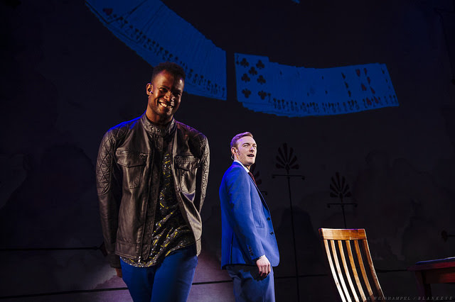 L-R: Sean Parris as The Diver and Brett Schneider as The Magician in The Magic Play at Portland Center Stage. Photo by Patrick Weishampel/blakeye.tv courtesy of Portland Center Stage at The Armory. Script By Andrew Hinderaker Directed by Halena Kays