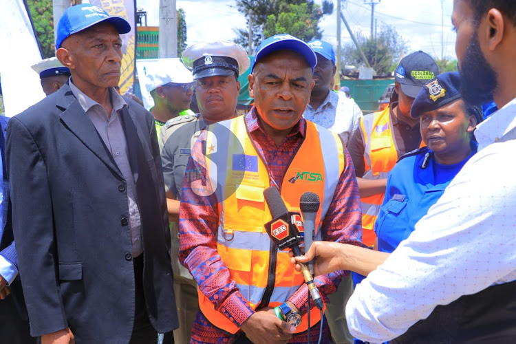 Matatu owners association President Albert Karakacha addressing the media during the Launch of Matatu safety measures for road users at Makongeni on March 7, 2024.