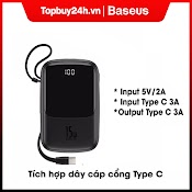 Sạc Dự Phòng Baseus Type C 15W Mini Tích Hợp Cáp Di Động Cho Samsung, Xiaomi, Huawei, ... 10000Mah