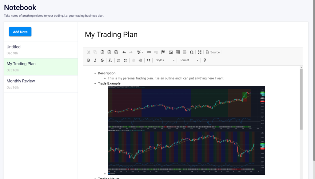 An example of a trading journal layout, with tabs for a trading plan and monthly reviews, designed to organize and track trading activities.