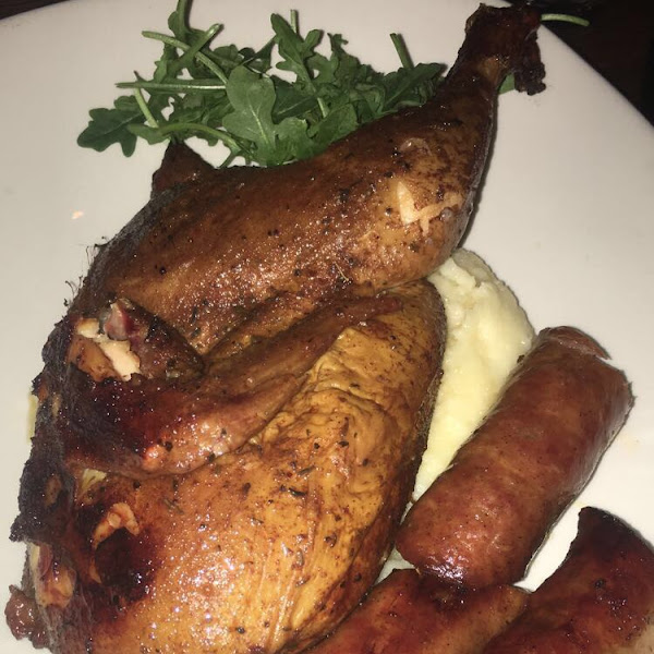 Okay so this is the roasted chicken and sausage. It is literally half of a chicken. So good but way too much food. Delicious food all around