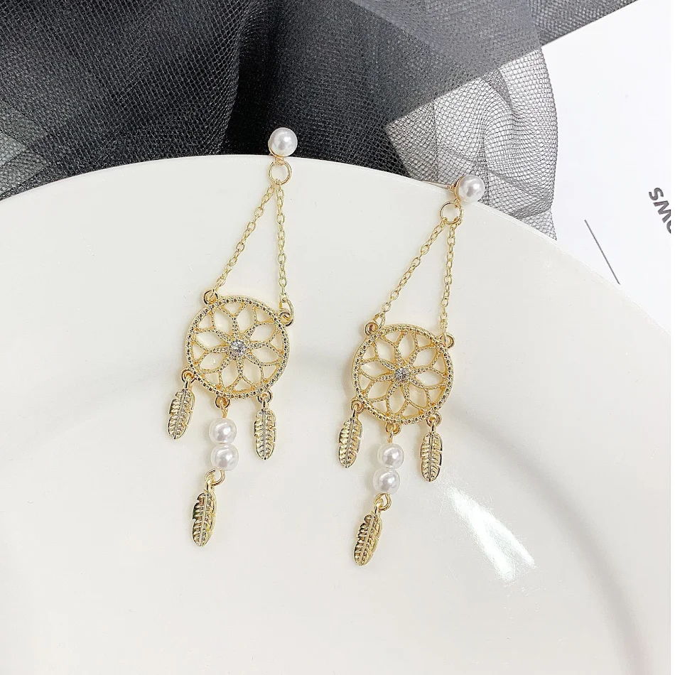 Holle bloemenring, lange veer oorbellen, retro stijl, lange parel bloem oorbellen, elegante sieraden voor vrouwen.