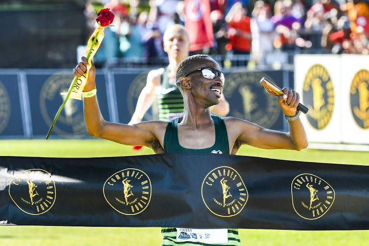 Tete Dijana wins the Comrades Marathon, finishing at the Kingsmead Stadium in Durban, on Sunday. Picture: GALLO IMAGES/DARREN STEWART