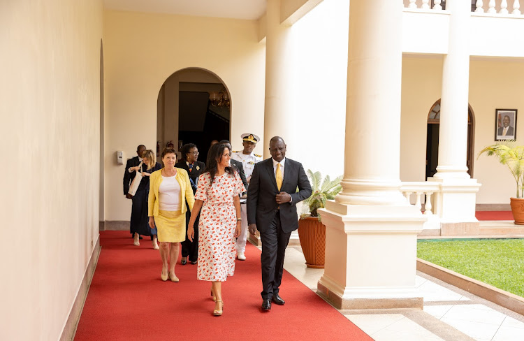 President William Ruto and the French delegation led by the Secretary of State to the Minister of Europe and Foreign Affairs Chrysoula Zacharopoulou at the State house on September 14,2022.