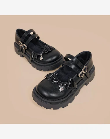Damen Runde Schwarze Lederschuhe Di - 2