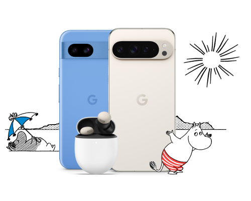 ムーミンのキャラクターが描かれたGoogle Pixelスマートフォンとイヤホンの画像