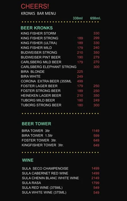 Kronks - Lounge Bar menu 