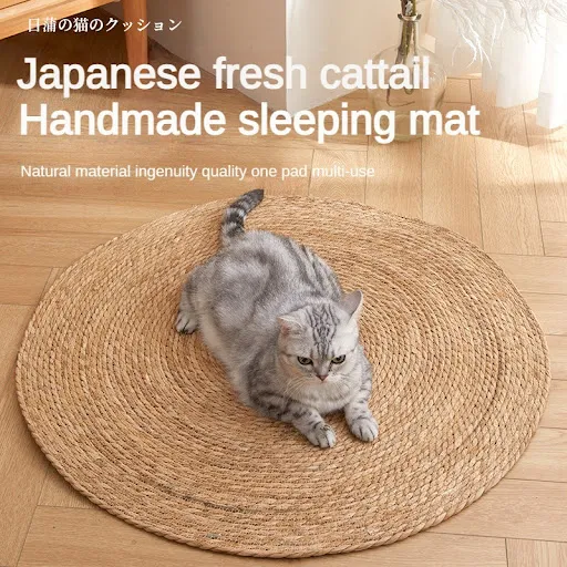 Pet Cat Litter Round Hand Woven Rattan Cat Puppy Nest Summer Cooling Pad Kitten Scratching Mat Cotton Rope Washable