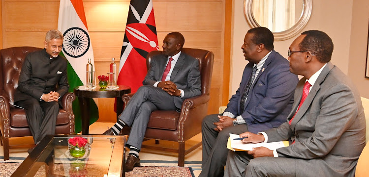 President William Ruto (center) with prime cabinet secretary Musalia Mudavadi and Treasury principal secretary Chris Kiptoo when they held talks with India's Minister of External Affairs Subrahmanyam Jaishankar on December 5, 2023.