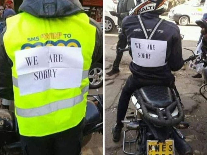 Bodaboda riders display 'we are sorry' messages messages on their backs amid ongoing crackdown on the operators in the Central Business District that followed the sexual assault of a female motorist on March 4.