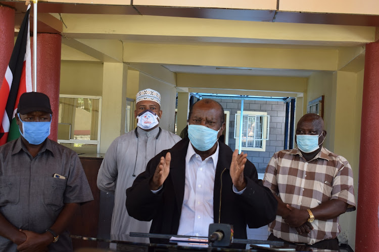 Kitui county assembly speaker George Ndotto addresses journalists on Thursday, April 30, 2020.