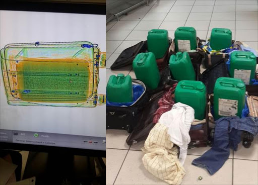 The scan of a bag showing a canister inside (left) and the unpacked canisters containing liquid meth (right)