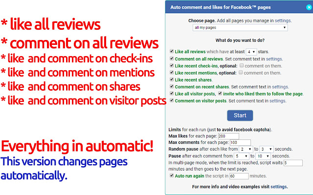 Auto comment and likes for Facebook™ pages