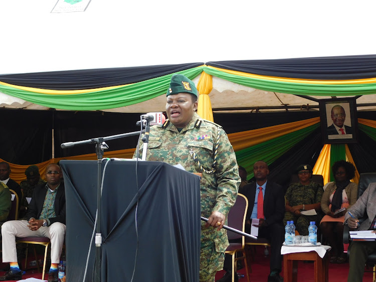 NYS Director General Matilda Sakwa speak at Tumaini Centre on Tuesday