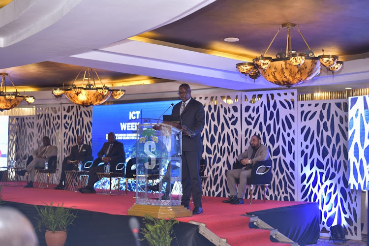 Information and Communication and Digital Economy CS Eliud Owalo giving a speech during the ICT Week 2023 event at Safari Park Hotel on May 17, 2023