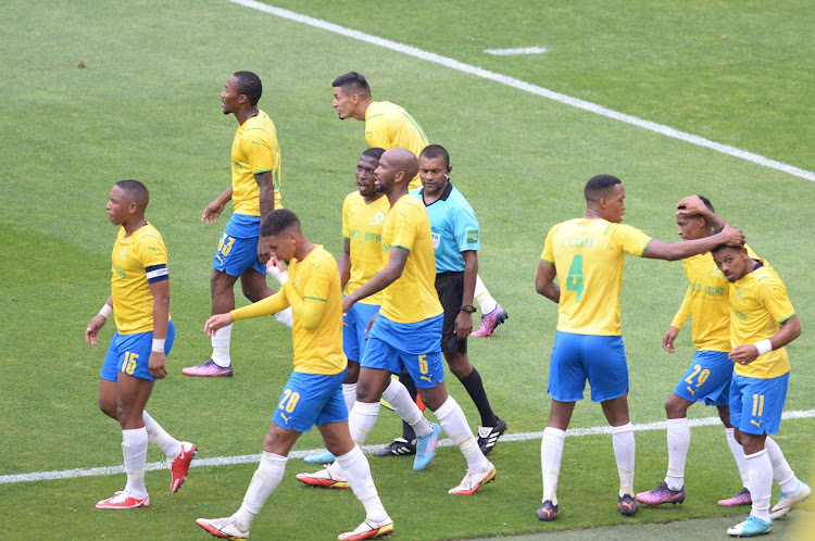 Kermit Erasmus of Mamelodi Sundowns celebrates his goal with teammates during the CAF Champions League match between Mamelodi Sundowns and Al-Merrikh at FNB Stadium on April 02, 2022 in Johannesburg, South Africa.