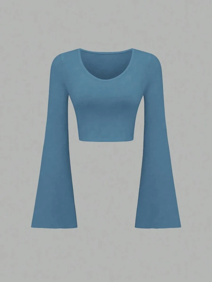 Mode effen kleur Scoop Bell Sleeve kort slim fit afslankend T-shirt