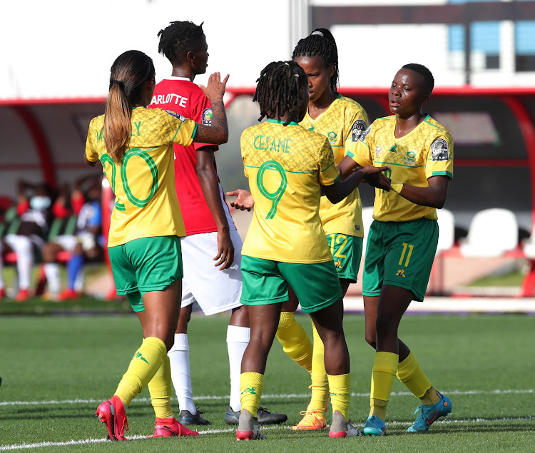 Banyana Banyana striker Chrestinah Thembi Kgatlana celebrates her goal with teammates during the 2022 Women's Africa Cup of Nations match against Burundi at Stade Prince Moulay Al Hassan in Rabat.