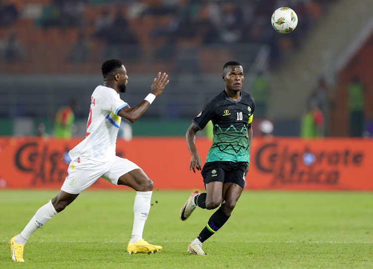Mbwana Samatta of Tanzania challenged by Chancel Mbemba of DR Congo during the Africa Cup of Nations match at Amadou Gon Coulibaly Stadium in Korhogo.