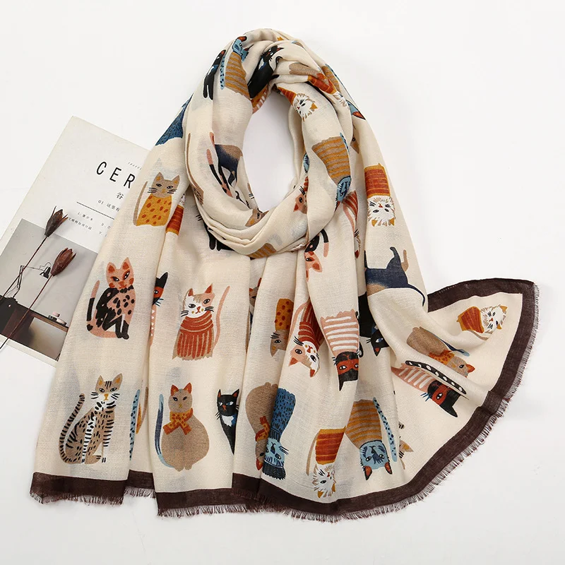 Herfst en winter polyester lange sjaal vrouwelijke cartoon kat