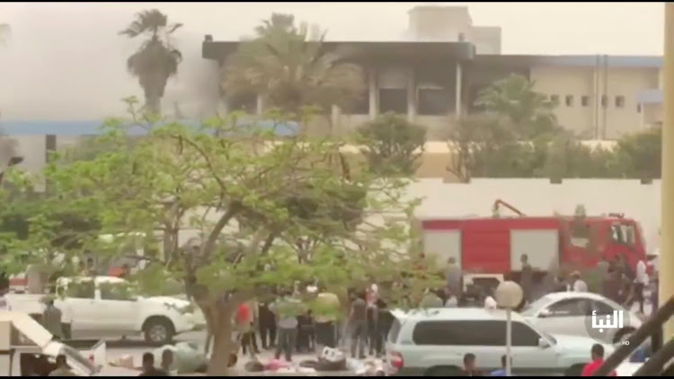 The site of suicide attack on Libyan electoral commission is seen in Tripoli, Libya, May 2, 2018 in this still picture obtained from social media video.