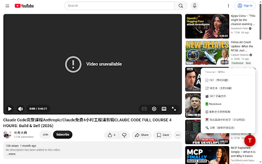 YouTube Transcript 一键导出 screenshot 2