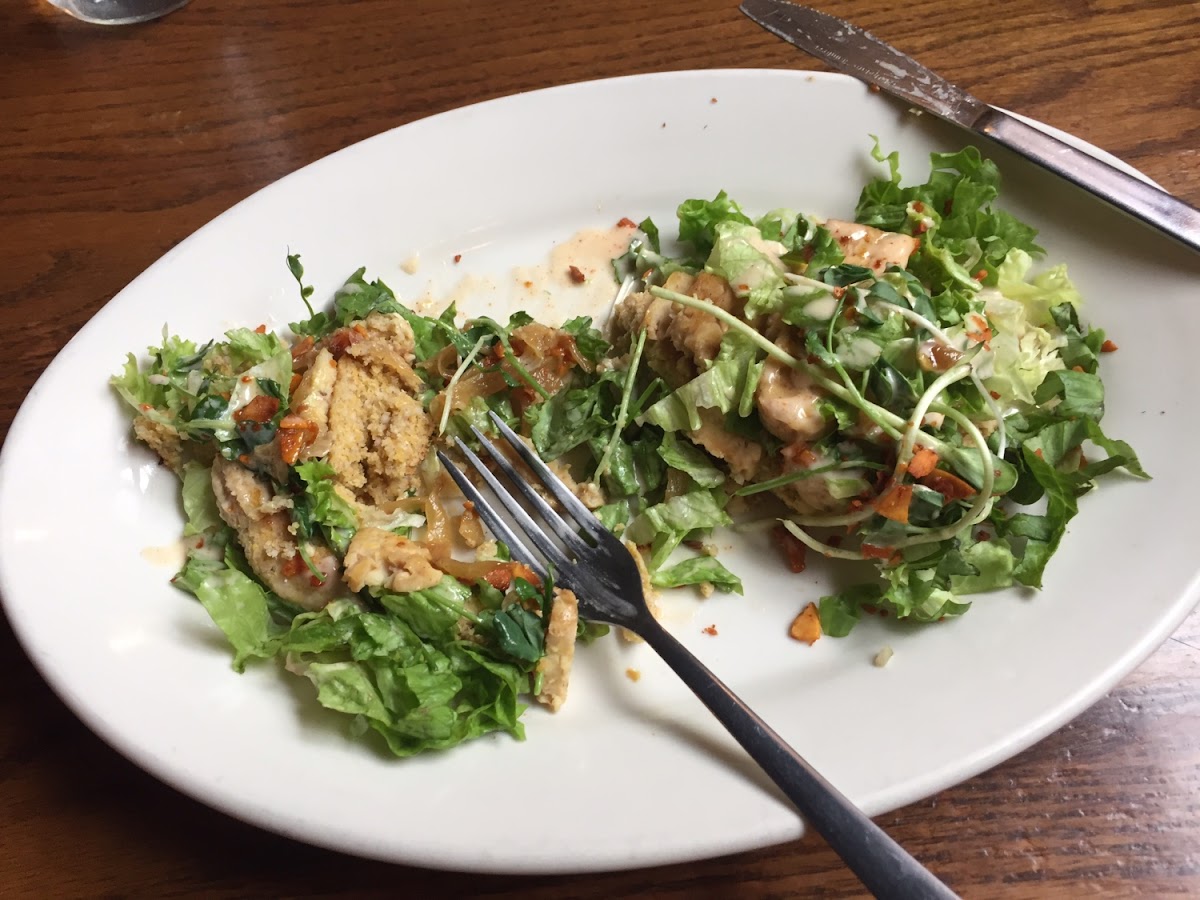 Coconut vegan bacon salad on buckwheat corn biscuits with cayenne maple aioli