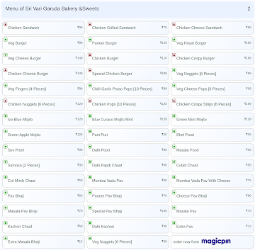 Sri Vari Garuda Bakery &Sweets menu 