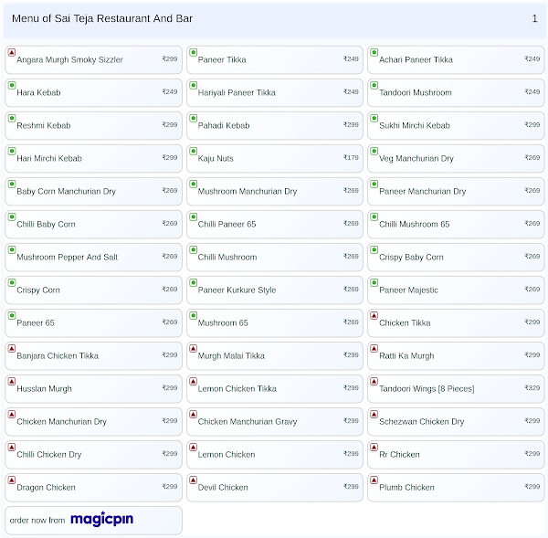 Sai Teja Restaurant And Bar menu 