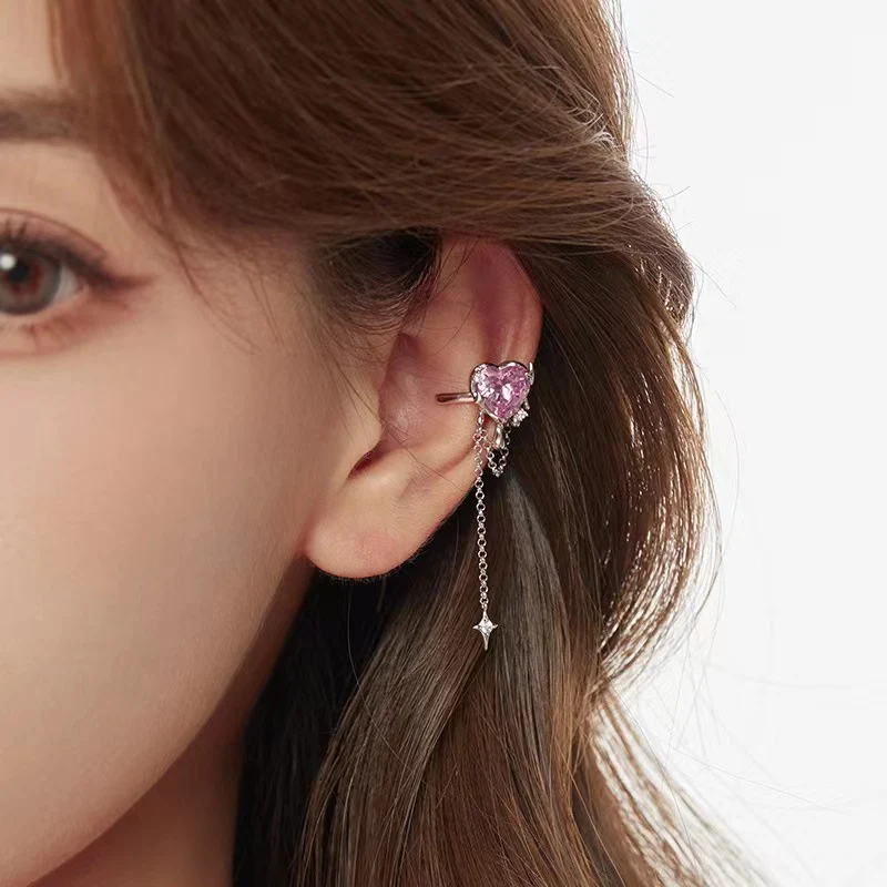 Clip d'oreille femme sans perçage, design rose épineuse et cœur en zircon, élégant et romantique