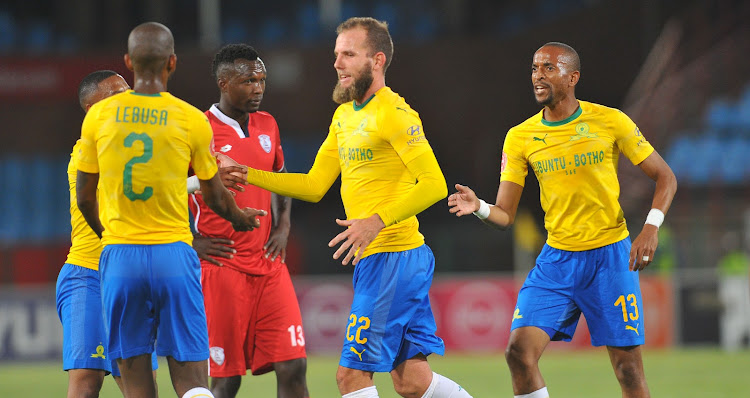 Mamelodi Sundowns striker Jeremy Brockie celebrates with teammates after scoring his first goal for the club during the 3-1 Absa Premiership win over Free State Stars at Loftus Versfeld on November 7, 2018.