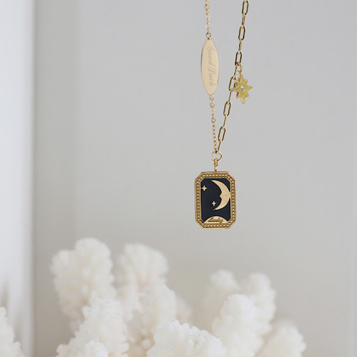 Title 2, Retro Star Moon Myth Epoxy Black Enamel Necklac...