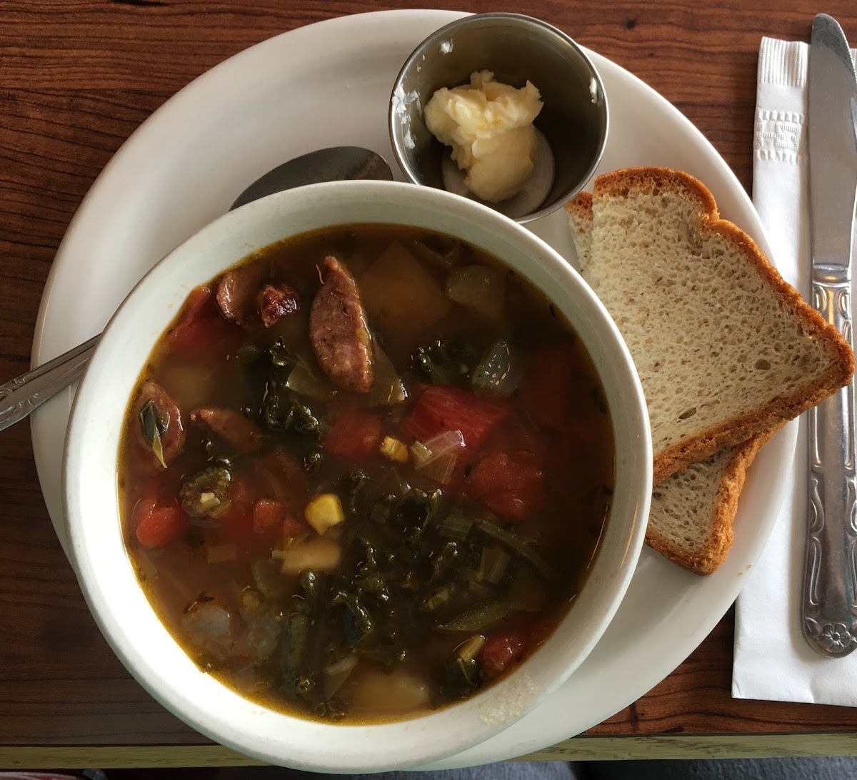 Andouille sausage and potato soup with gluten free bread.