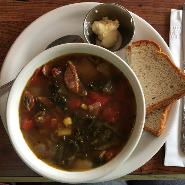 Andouille sausage and potato soup with gluten free bread.